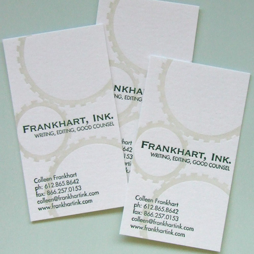 Colleen Frankhart is a freelance writer found me through etsy. I picked up the turning gears motif from a WPA era image she has on her website and we both really like the connotation of "I can see the wheels turning."