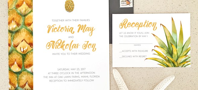 pineapple, destination wedding, leaves, palm, cute wedding invitation, island wedding, brush lettering, vintage stamps, wedding, wedding invitation, wedding invite, invitation, invite, watercolor, handpainted, floral, flowers, calligraphy, modern, simple, affordable, affordable wedding invitation, romantic, romantic wedding invitation, invitation suite, flat lay, invitation styling, paper flowers